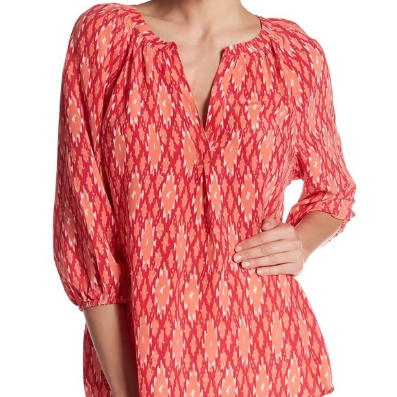 Joie New ADDIE Top Blouse SILK Women S Red Orange Ikat Print 3/4 Sleeve NWT $248